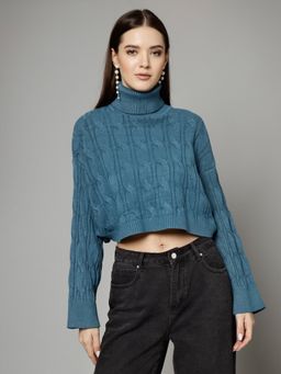 Mafadeny - Women Winter Wear Teal Blue Crop Top