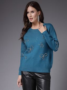 Mafadeny - Women Winter Wear Teal Blue Stylished Embellished Top