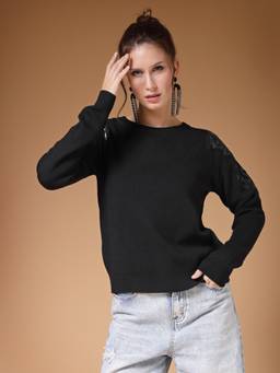 Mafadeny - Women Winter Wear Black Embellished Stylished Top
