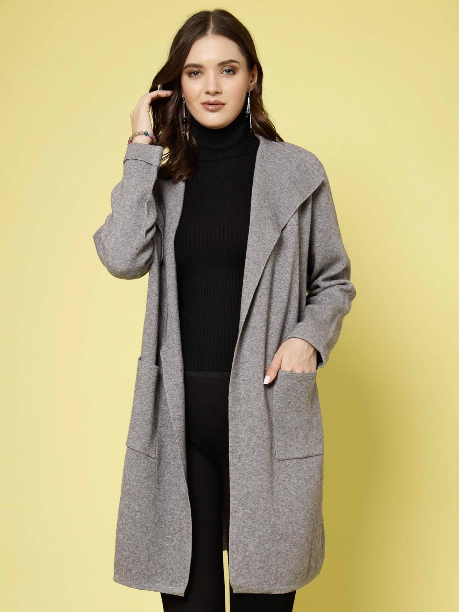 Buy Mafadeny Women Winter Wear Grey Longline Shrug Online