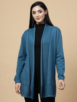 Mafadeny - Women Winter Wear Teal Blue Solid Longline Shrug