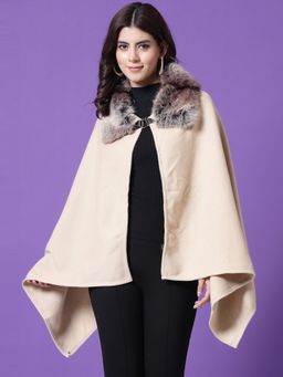 Mafadeny - Winter Wear V-Neck Longline Beige Poncho