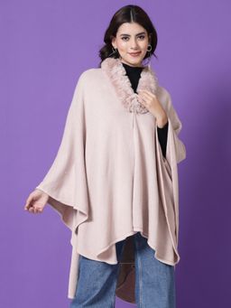 Mafadeny - Womens Winter Wear Longline Peach Poncho with Faux Fur Detail