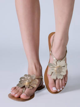Twenty Dresses by Nykaa Fashion - Women Gold Round Toe Floral Embellished Slingback Sandals