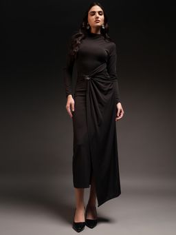 Trend Arrest - Womens High Neck Maxi Dress with Gold Buckle