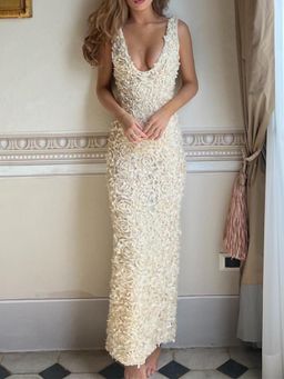 MISS MOSA BY AKANKSHA - Beige Cosmos Luxe 3D Floral Maxi Dress