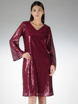 FableStreet - Sequined Loose Bell Sleeve V-Neck Maroon Dress