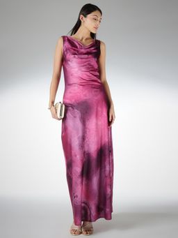 FableStreet - Satin A-Line Sleeveless Cowl Neck Marble Print Pink Dress