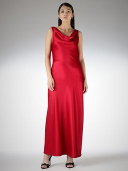 FableStreet - Satin A-Line Sleeveless Cowl Neck Marble Print Red Dress