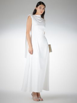 FableStreet - Satin Fit and Flare Sleeveless High Neck White Dress