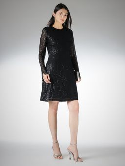 FableStreet - Sequin Slim Fit Full Sleeve Round Neck Black Dress