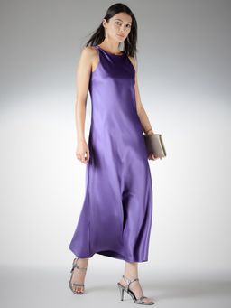 FableStreet - Satin A-Line Sleeveless Round Neck Purple Dress