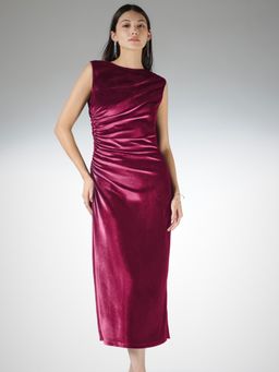 FableStreet - Velvet Bodycon Sleeveless Boat Neck Fuchsia Dress