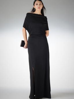 FableStreet - Polyester Knit A-Line Off-Shoulder Cowl Neck Black Dress