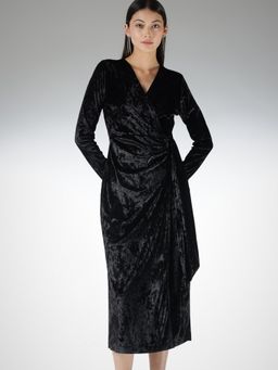 FableStreet - Velvet Wrap Full Sleeve V-Neck Solid Black Dress
