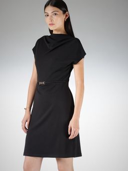 FableStreet - Polyester Slim Fit Half Sleeve Cowl Neck Black Dress