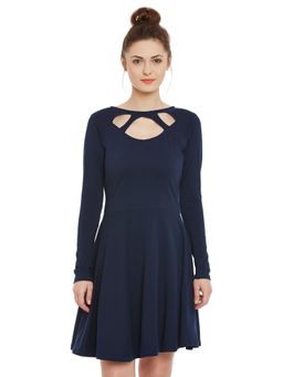 Miss Chase - Womens Navy Blue Solid Full Sleeve Round Neck Mini Skater Dresses