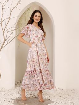 Miss Chase - Womens Base Pink V-Neck Floral Wrap Chiffon Maxi Dress