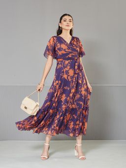 Miss Chase - Womens Purple Floral Wrap Chiffon Maxi Dress