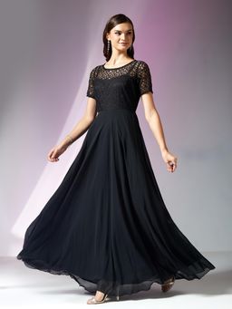 Miss Chase - Womens Black Round Neck Half Sleeve Self Design Maxi Dress