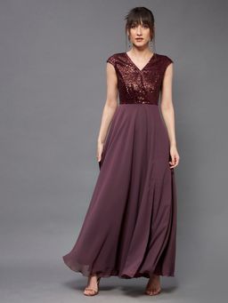 Miss Chase - Womens Wine V-Neck Cap Sleeves Embellished Wrap Maxi Dress