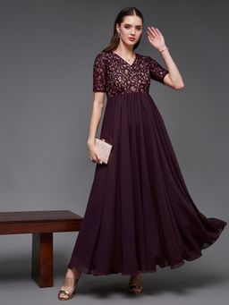 Miss Chase - Womens Wine V-Neck Half Sleeve Self Design Wrap Maxi Dress