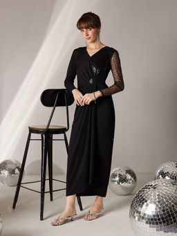 Miss Chase - Womens Black V-Neck Full Sleeve Embellished Longline Dress