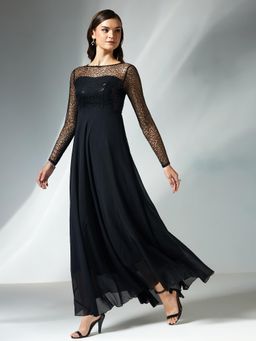 Miss Chase - Womens Black Solid Embellished Maxi Dress