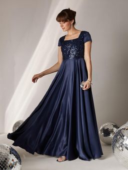 Miss Chase - Womens Blue Square Neck Short Sleeve Embellished Maxi Dress