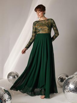 Miss Chase - Womens Green Solid Embellished Maxi Dress