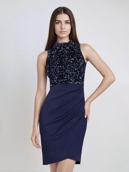 Miss Chase - Womens Navy Blue Halter Neck Sleeveless Embellished Dress