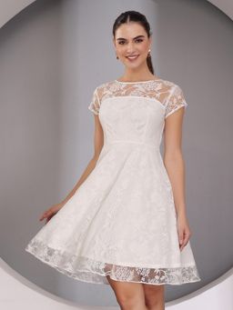 Miss Chase - Womens Off White Round Neck Cap Sleeves Low Back Lace Skater Dress