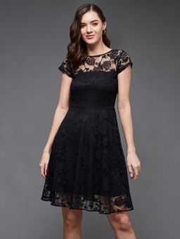 Miss Chase - Womens Black Round Neck Cap Sleeves Low Back Lace Skater Dress