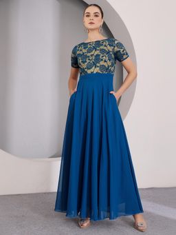 Miss Chase - Womens Royal Blue Round Neck Half Sleeve Georgette Maxi Dress