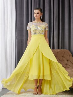 Miss Chase - Womens Yellow Base Round Neck Short Sleeve Floral Midi Dress