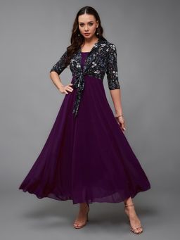 Miss Chase - Womens Base Dark Purple Floral Georgette Jacket Style Dress