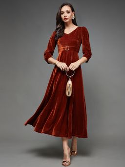 Miss Chase - Womens Rust V-Neck Fit and Flare Midi Velvet Dress
