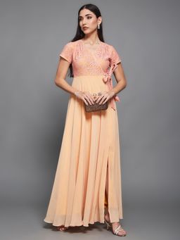 Miss Chase - Womens Peach Wrap-Styled Short Sleeve Self-Design Maxi Dress