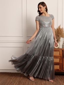 Miss Chase - Womens Silver Asymmetric Short Sleeve Tiered Chiffon Maxi Dress