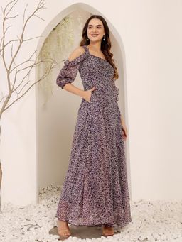 Miss Chase - Womens Base Purple Cold Shoulder Floral Chiffon Maxi Dress