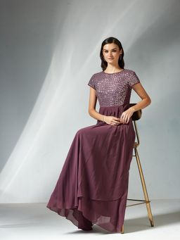 Miss Chase - Womens Mauve Round Neck Cap Sleeve Embellished Maxi Dress