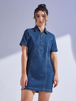 Miss Chase - Womens Blue Collar Neck Half Sleeve Princess Seam Sheath Mini Dress