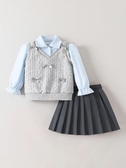 Hopscotch - Bow Applique Shirt with Sweater & Skirt