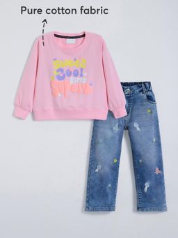 Hopscotch - Pink Embossed Print Embroidery T-Shirt with Pant