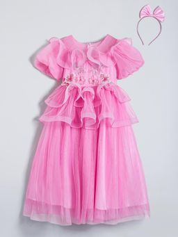 Hopscotch - Floral Applique Ruffled Gown with Headband