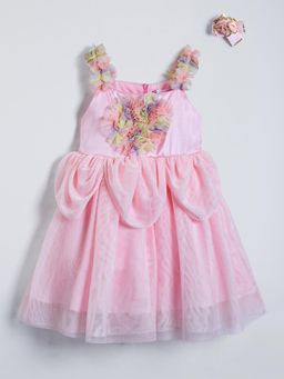 Hopscotch - Pink Ruffle Embellished Dress with Hairclip