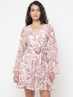 Guess - Laila Lily Natural Floral V-Neck Regular Fit Mini Flare Dress