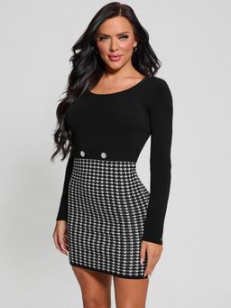 Guess - Womens Black Checks Scoop Neck Long Sleeves Bodycon Dress