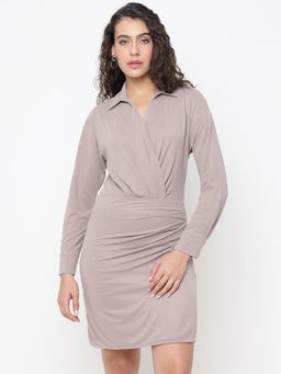 Guess - Rebecca Sandwashed Silk Taupe Collar Neck Wrap Mini Dress