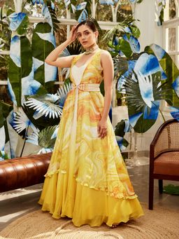 Nikita Vishakha - Yellow Printed Dress with Cape and Belt (Set of 3)